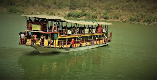 Srilaxmi, our 100-passenger boat cruising past the Papikondalu hills